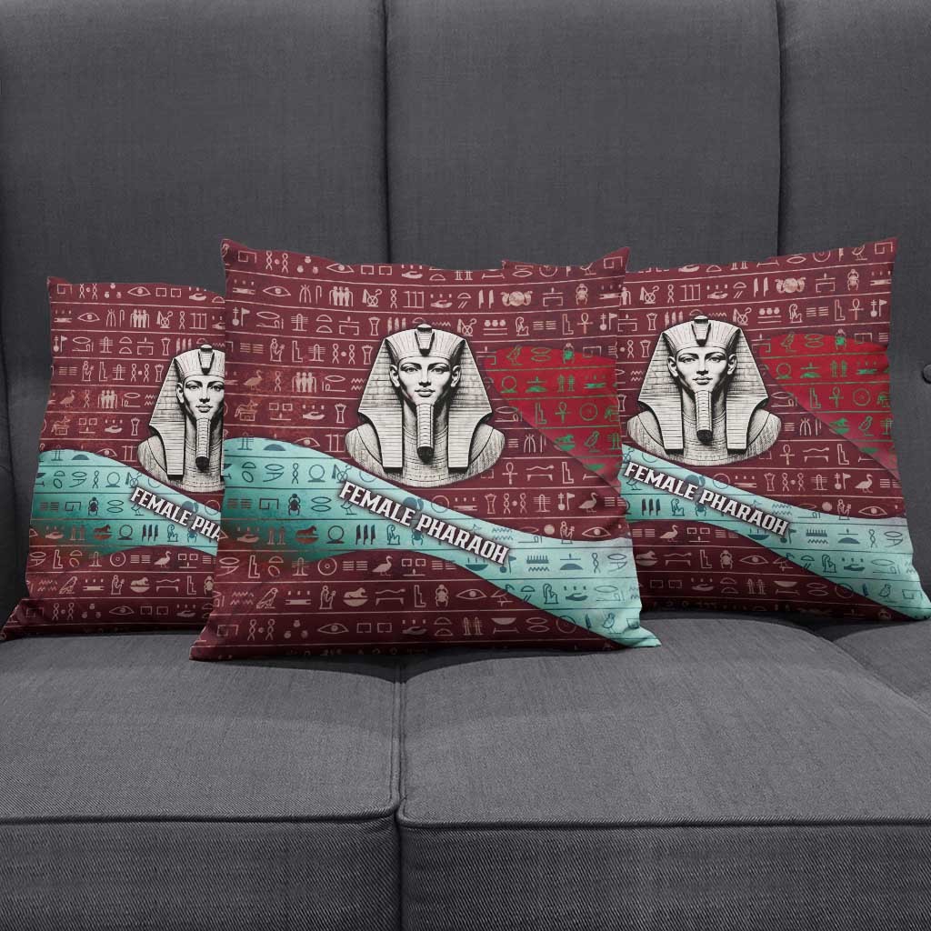 Hatshepsut Pillow Cover with Pharaoh Bust Illustration, Female Pharaoh Title and Egyptian Hieroglyph - Wonder Print Shop