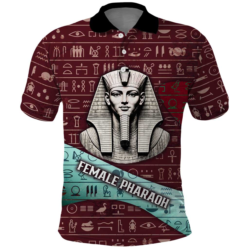 Hatshepsut Polo Shirt with Pharaoh Bust Illustration, Female Pharaoh Title and Egyptian Hieroglyph - Wonder Print Shop