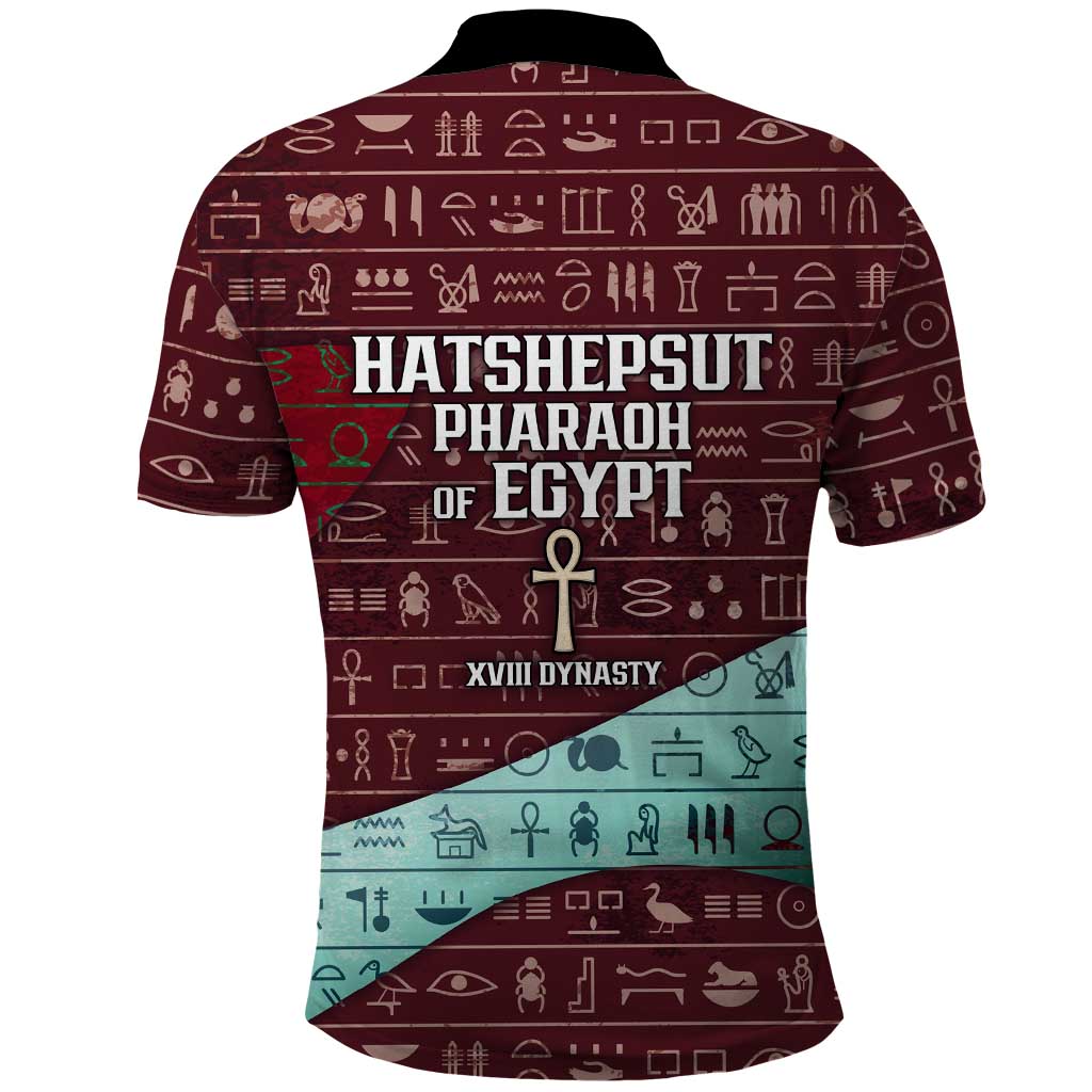 Hatshepsut Polo Shirt with Pharaoh Bust Illustration, Female Pharaoh Title and Egyptian Hieroglyph - Wonder Print Shop