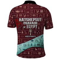 Hatshepsut Polo Shirt with Pharaoh Bust Illustration, Female Pharaoh Title and Egyptian Hieroglyph - Wonder Print Shop