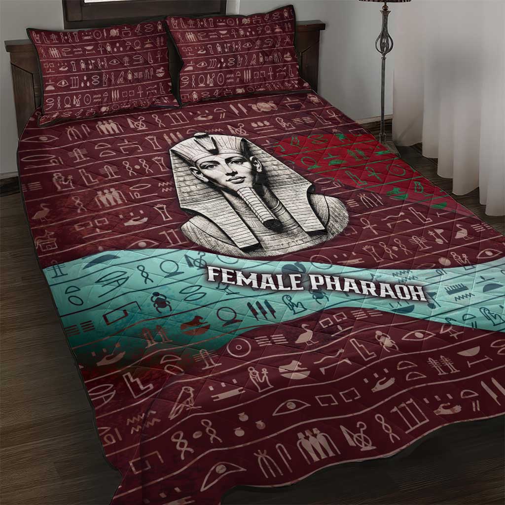 Hatshepsut Quilt Bed Set with Pharaoh Bust Illustration, Female Pharaoh Title and Egyptian Hieroglyph - Wonder Print Shop
