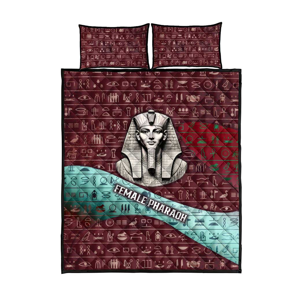 Hatshepsut Quilt Bed Set with Pharaoh Bust Illustration, Female Pharaoh Title and Egyptian Hieroglyph - Wonder Print Shop