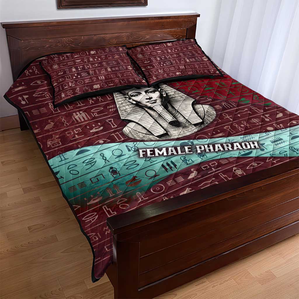 Hatshepsut Quilt Bed Set with Pharaoh Bust Illustration, Female Pharaoh Title and Egyptian Hieroglyph - Wonder Print Shop