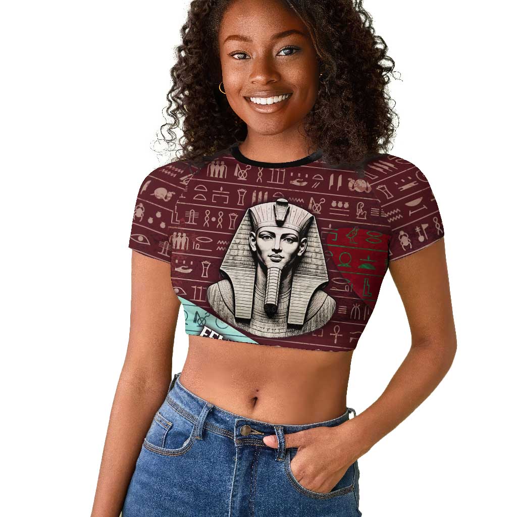 Hatshepsut Raglan Cropped T shirt with Pharaoh Bust Illustration, Female Pharaoh Title and Egyptian Hieroglyph - Wonder Print Shop