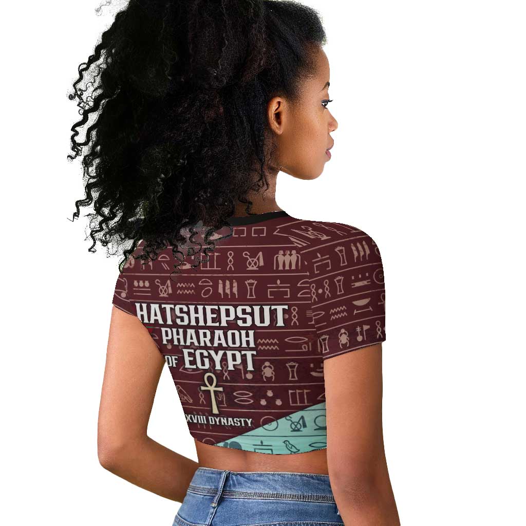 Hatshepsut Raglan Cropped T shirt with Pharaoh Bust Illustration, Female Pharaoh Title and Egyptian Hieroglyph - Wonder Print Shop