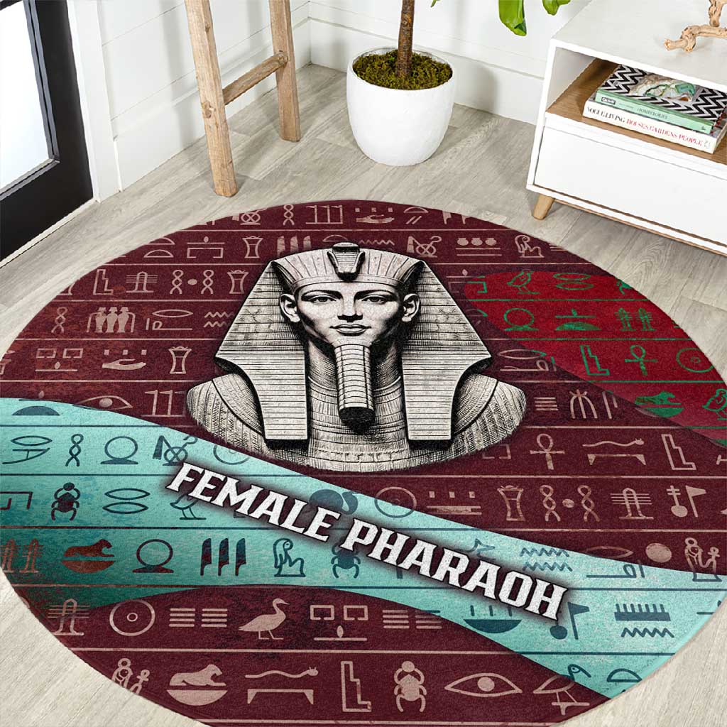 Hatshepsut Round Carpet with Pharaoh Bust Illustration, Female Pharaoh Title and Egyptian Hieroglyph - Wonder Print Shop