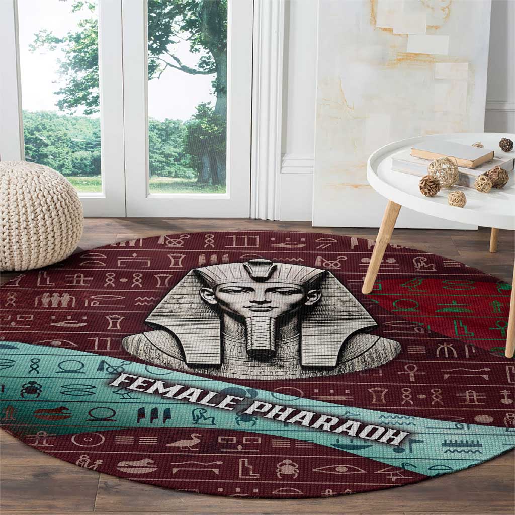 Hatshepsut Round Carpet with Pharaoh Bust Illustration, Female Pharaoh Title and Egyptian Hieroglyph - Wonder Print Shop