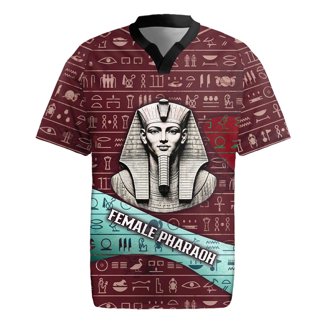 Hatshepsut Rugby Jersey with Pharaoh Bust Illustration, Female Pharaoh Title and Egyptian Hieroglyph - Wonder Print Shop