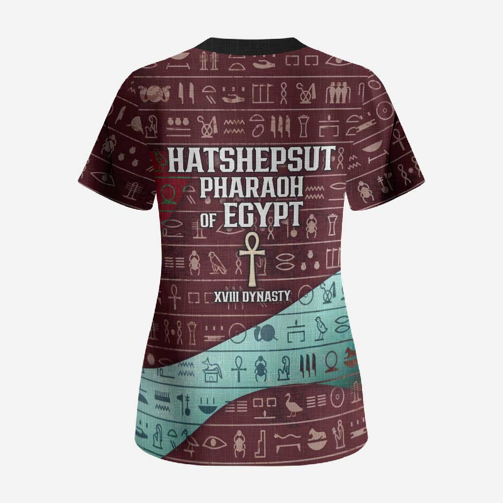 Hatshepsut Scrub Top with Pharaoh Bust Illustration, Female Pharaoh Title and Egyptian Hieroglyph - Wonder Print Shop