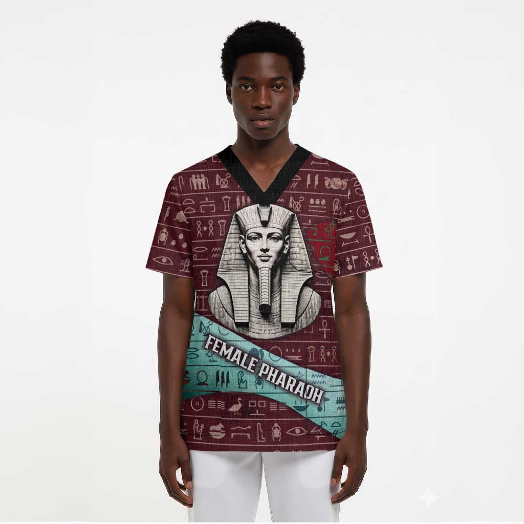 Hatshepsut Scrub Top with Pharaoh Bust Illustration, Female Pharaoh Title and Egyptian Hieroglyph - Wonder Print Shop