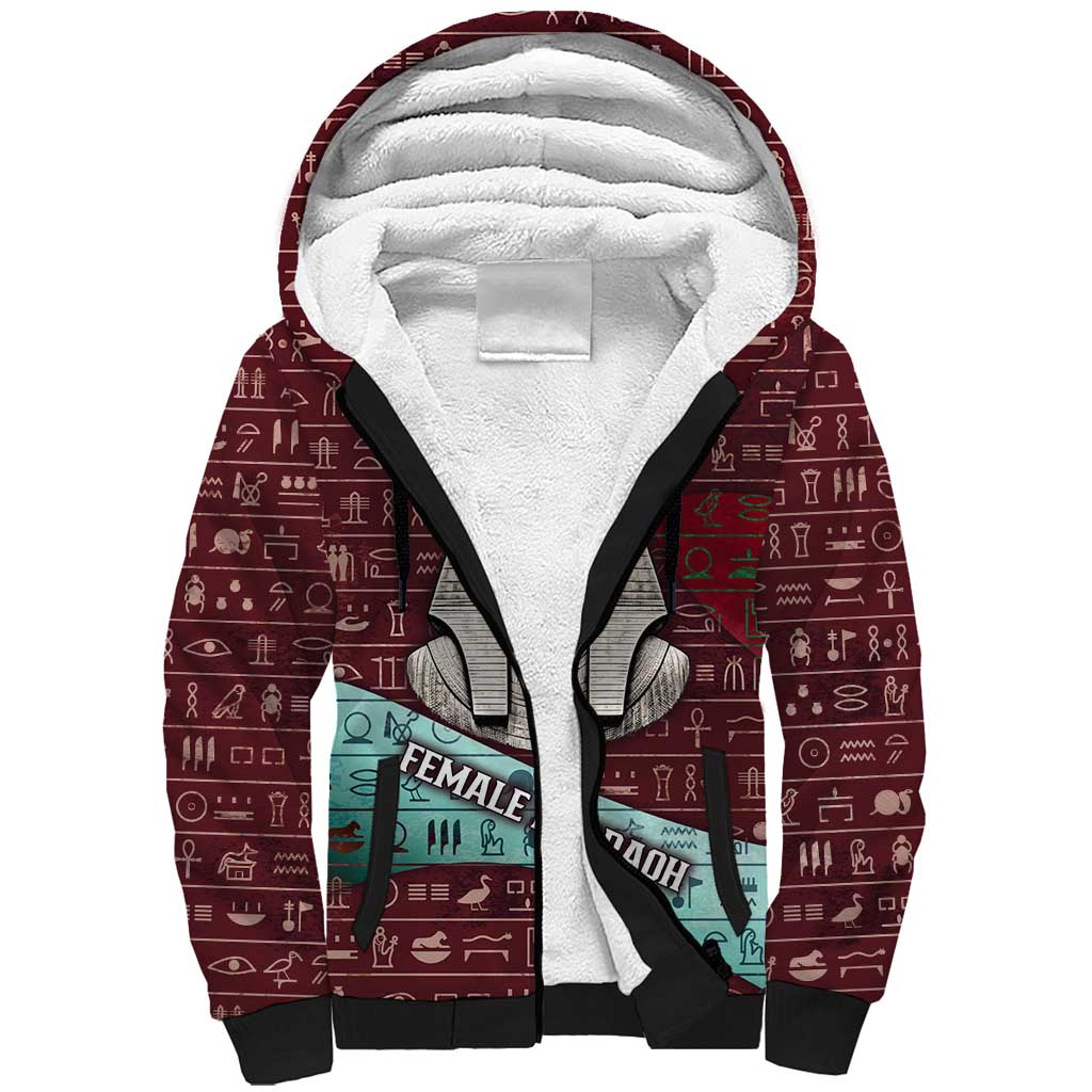 Hatshepsut Sherpa Hoodie with Pharaoh Bust Illustration, Female Pharaoh Title and Egyptian Hieroglyph - Wonder Print Shop