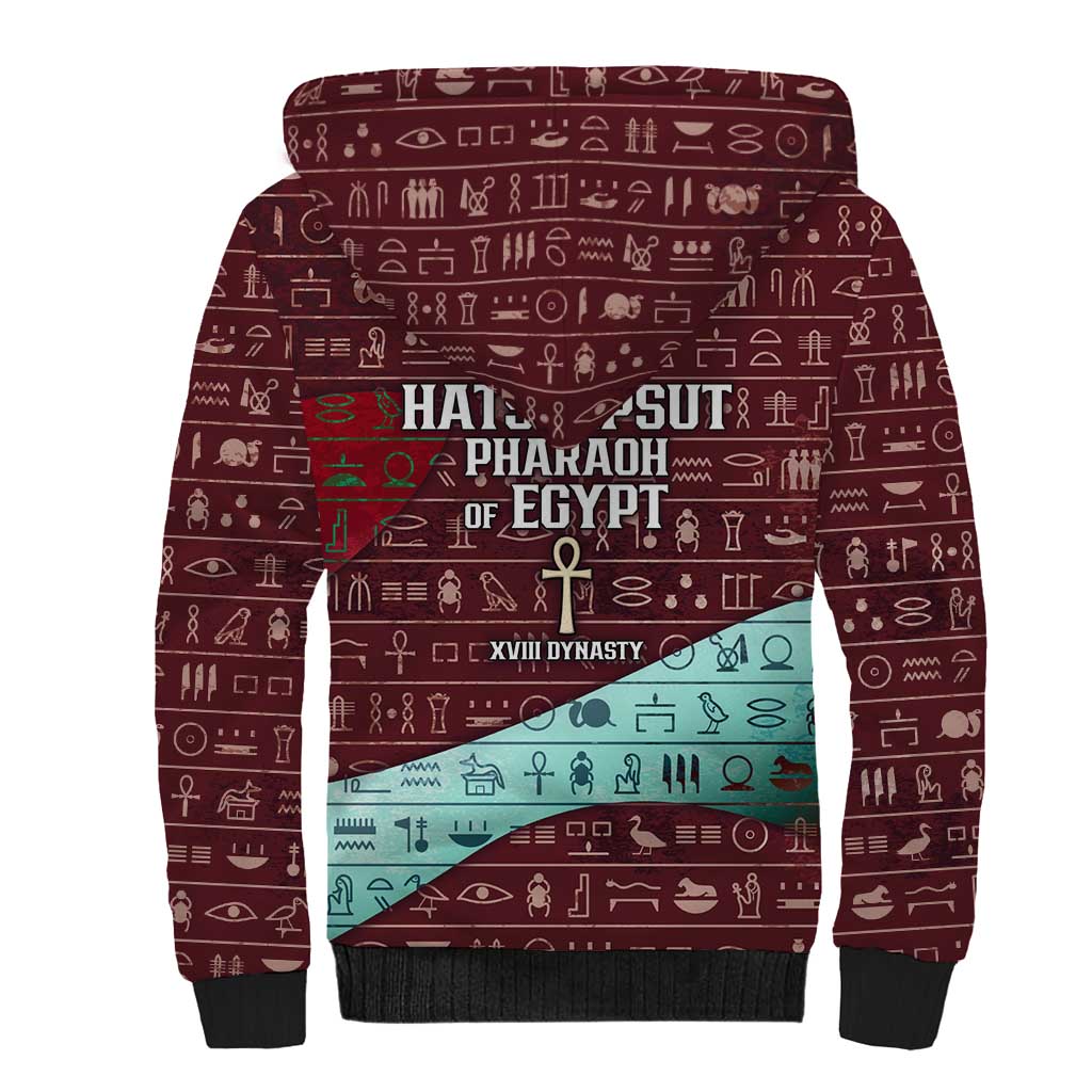 Hatshepsut Sherpa Hoodie with Pharaoh Bust Illustration, Female Pharaoh Title and Egyptian Hieroglyph - Wonder Print Shop