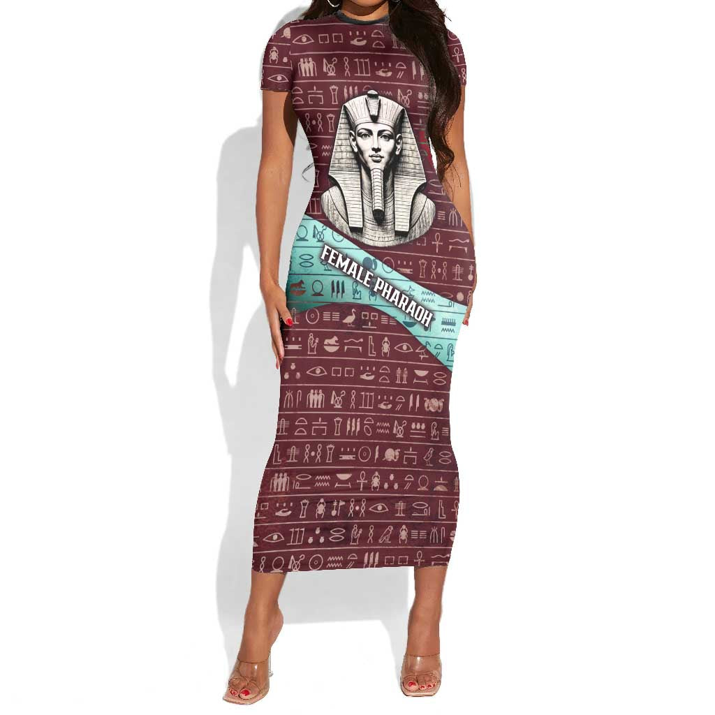 Hatshepsut Short Sleeve Bodycon Dress with Pharaoh Bust Illustration, Female Pharaoh Title and Egyptian Hieroglyph - Wonder Print Shop