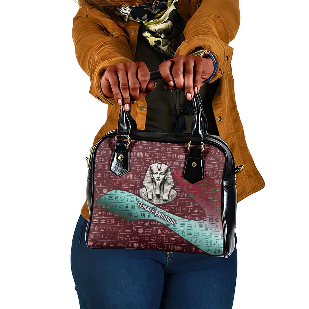 Hatshepsut Shoulder Handbag with Pharaoh Bust Illustration, Female Pharaoh Title and Egyptian Hieroglyph - Wonder Print Shop
