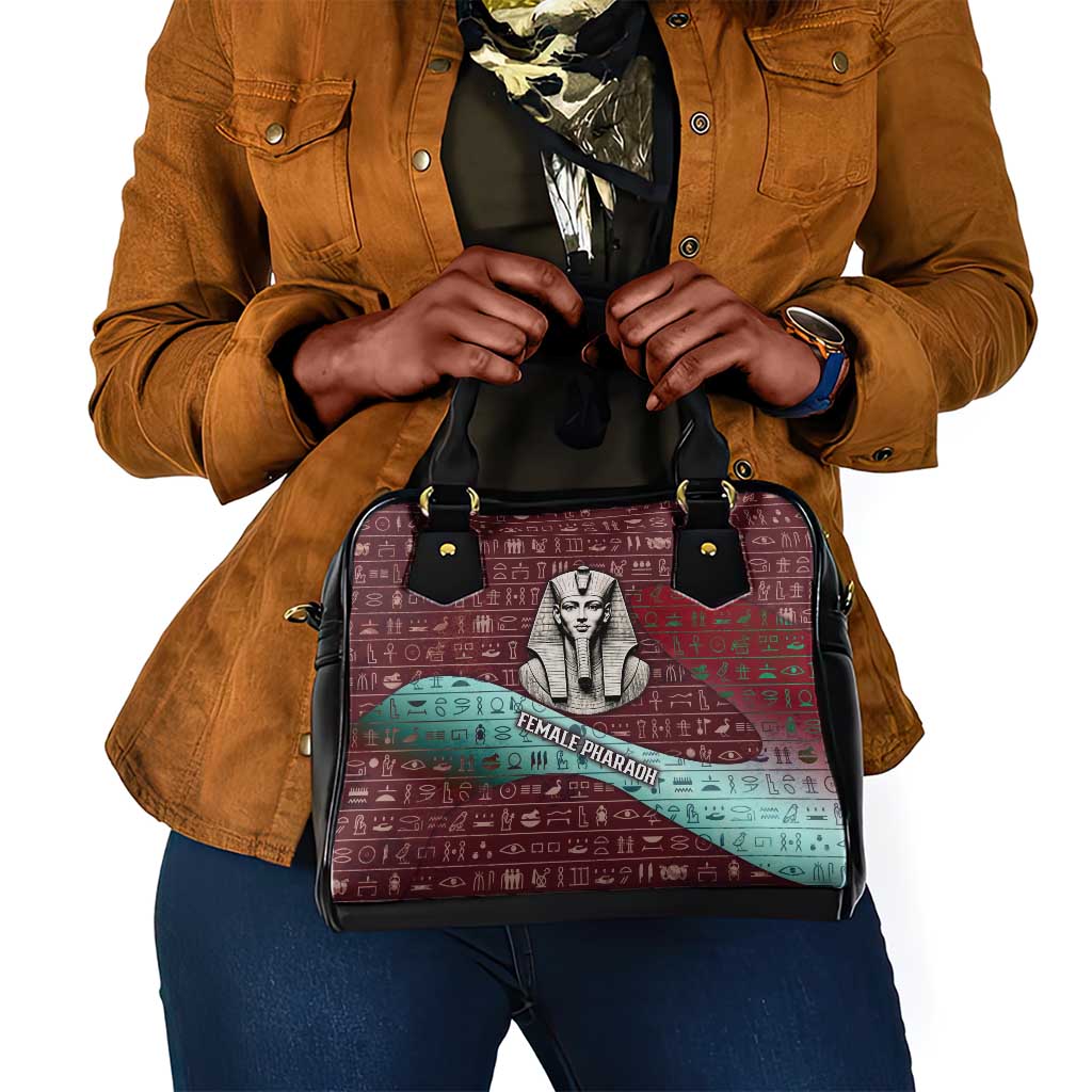 Hatshepsut Shoulder Handbag with Pharaoh Bust Illustration, Female Pharaoh Title and Egyptian Hieroglyph - Wonder Print Shop