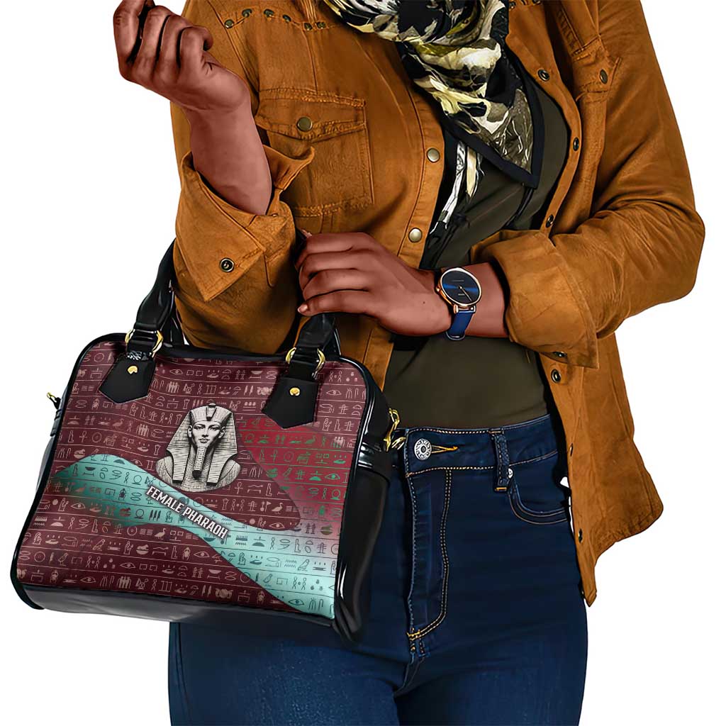 Hatshepsut Shoulder Handbag with Pharaoh Bust Illustration, Female Pharaoh Title and Egyptian Hieroglyph - Wonder Print Shop