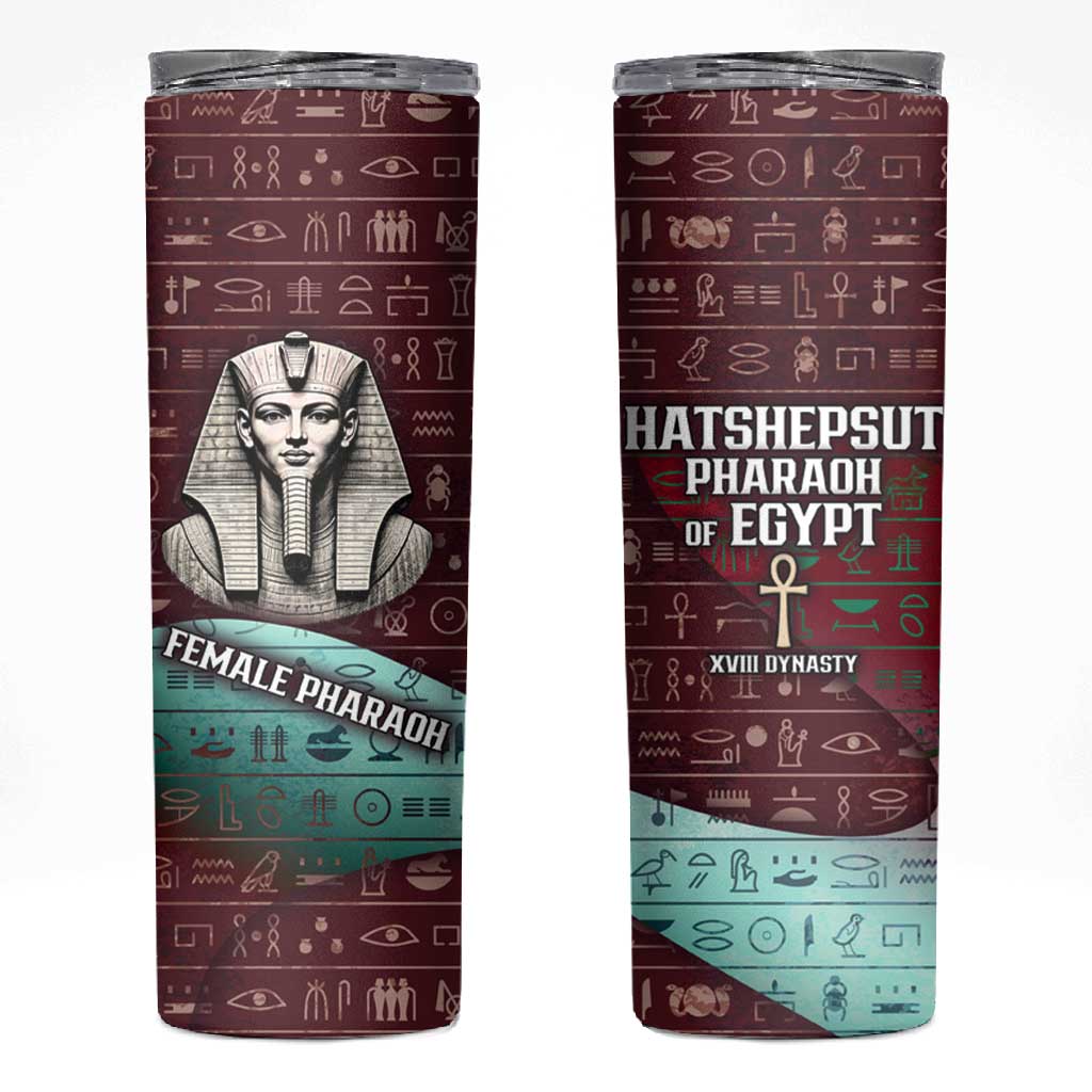 Hatshepsut Skinny Tumbler with Pharaoh Bust Illustration, Female Pharaoh Title and Egyptian Hieroglyph - Wonder Print Shop