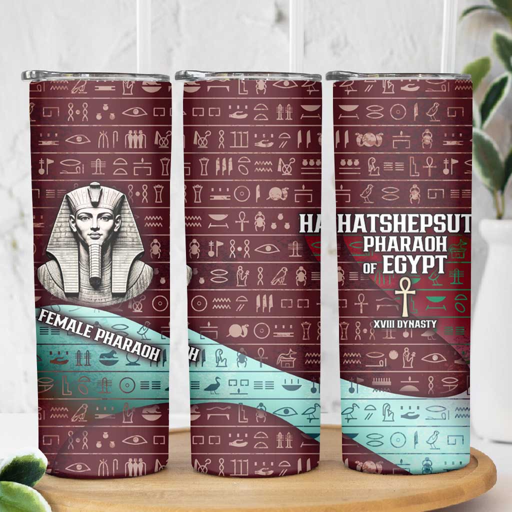 Hatshepsut Skinny Tumbler with Pharaoh Bust Illustration, Female Pharaoh Title and Egyptian Hieroglyph - Wonder Print Shop
