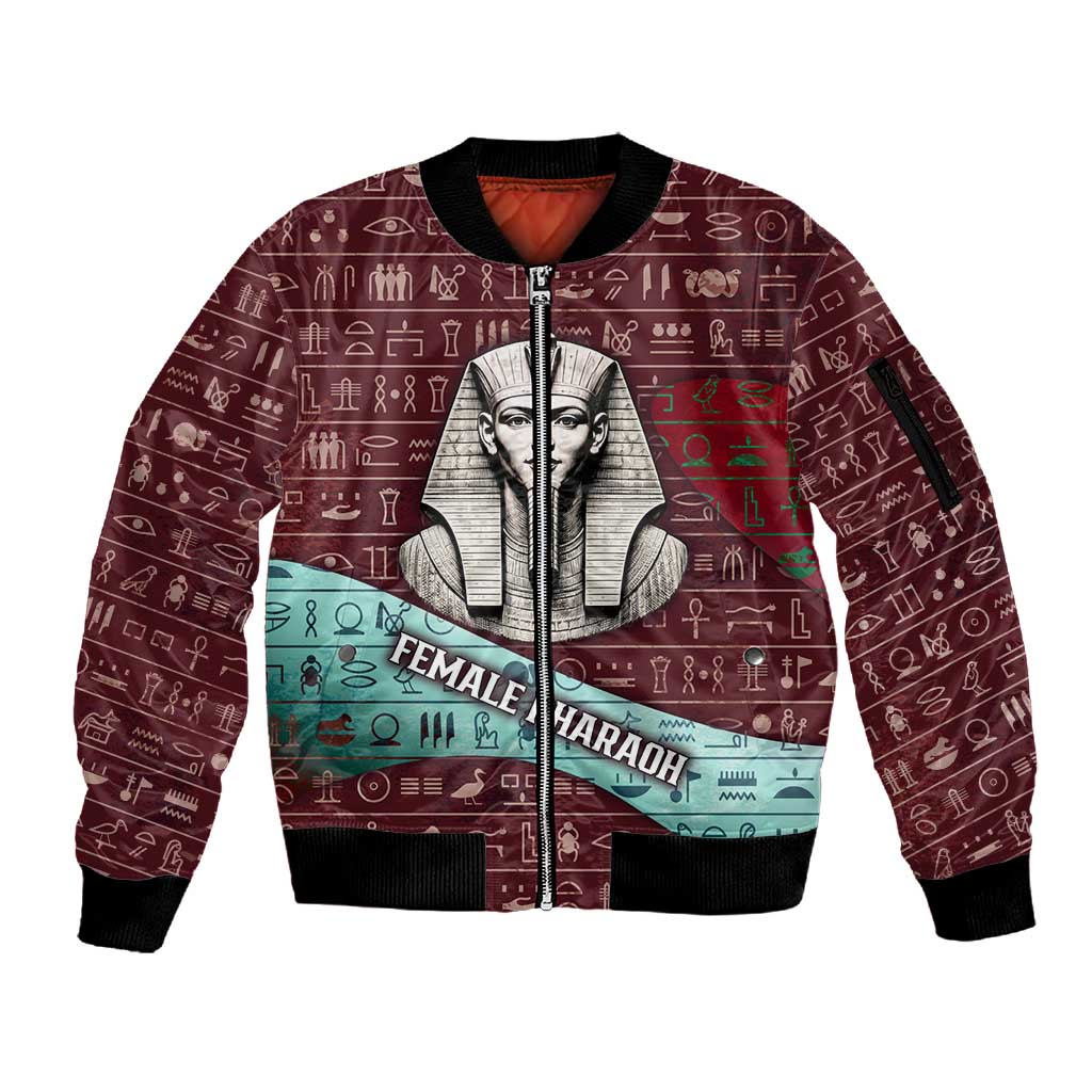 Hatshepsut Sleeve Zip Bomber Jacket with Pharaoh Bust Illustration, Female Pharaoh Title and Egyptian Hieroglyph - Wonder Print Shop