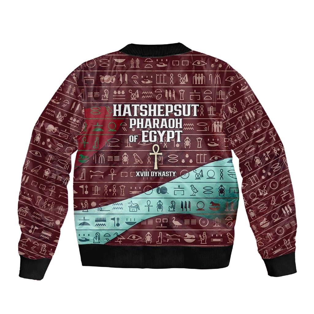 Hatshepsut Sleeve Zip Bomber Jacket with Pharaoh Bust Illustration, Female Pharaoh Title and Egyptian Hieroglyph - Wonder Print Shop