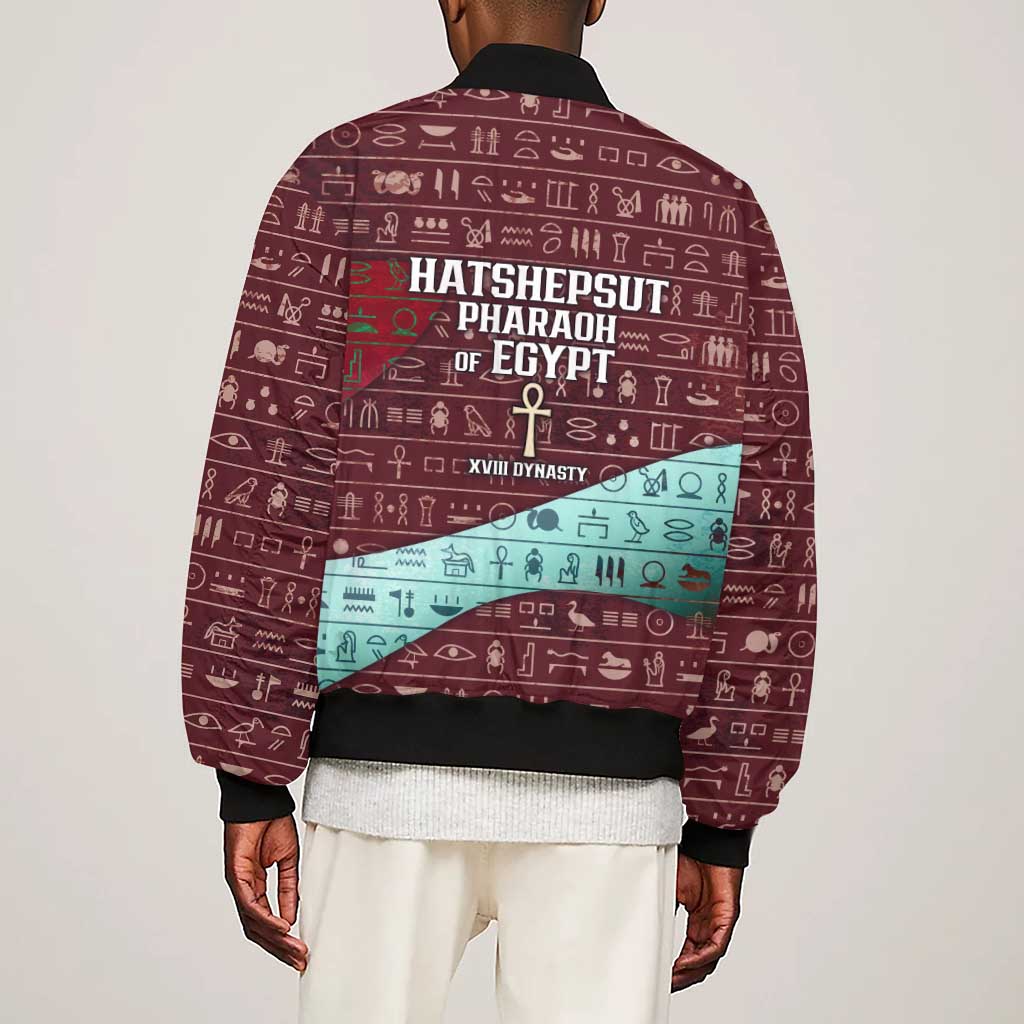 Hatshepsut Sleeve Zip Bomber Jacket with Pharaoh Bust Illustration, Female Pharaoh Title and Egyptian Hieroglyph - Wonder Print Shop