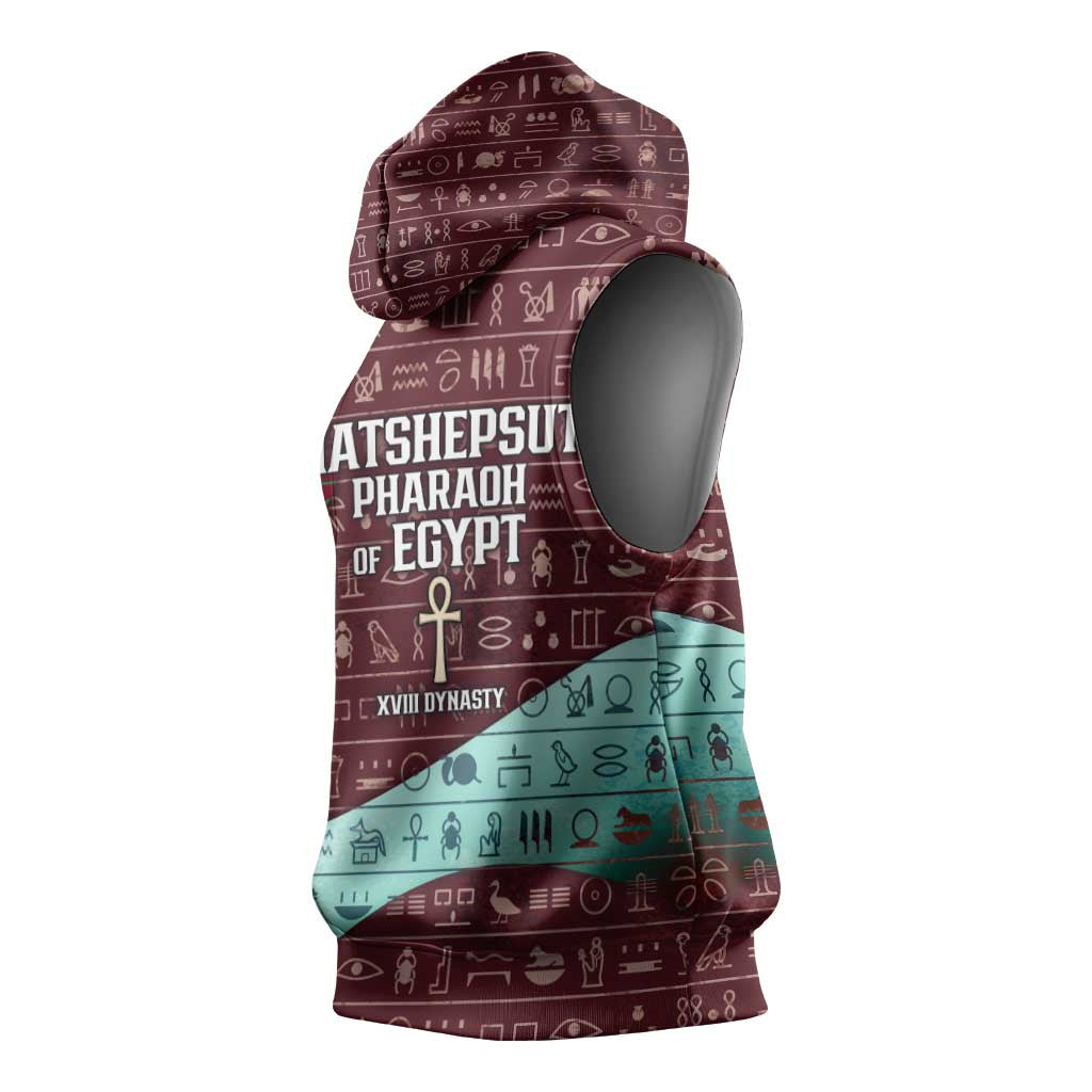 Hatshepsut Sleeveless Hoodie with Pharaoh Bust Illustration, Female Pharaoh Title and Egyptian Hieroglyph - Wonder Print Shop