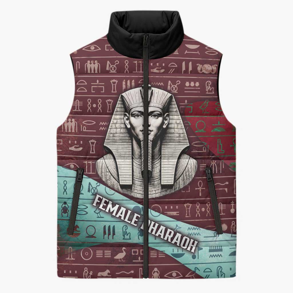 Hatshepsut Sleeveless Puffer Jacket with Pharaoh Bust Illustration, Female Pharaoh Title and Egyptian Hieroglyph - Wonder Print Shop