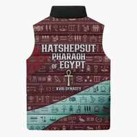 Hatshepsut Sleeveless Puffer Jacket with Pharaoh Bust Illustration, Female Pharaoh Title and Egyptian Hieroglyph - Wonder Print Shop