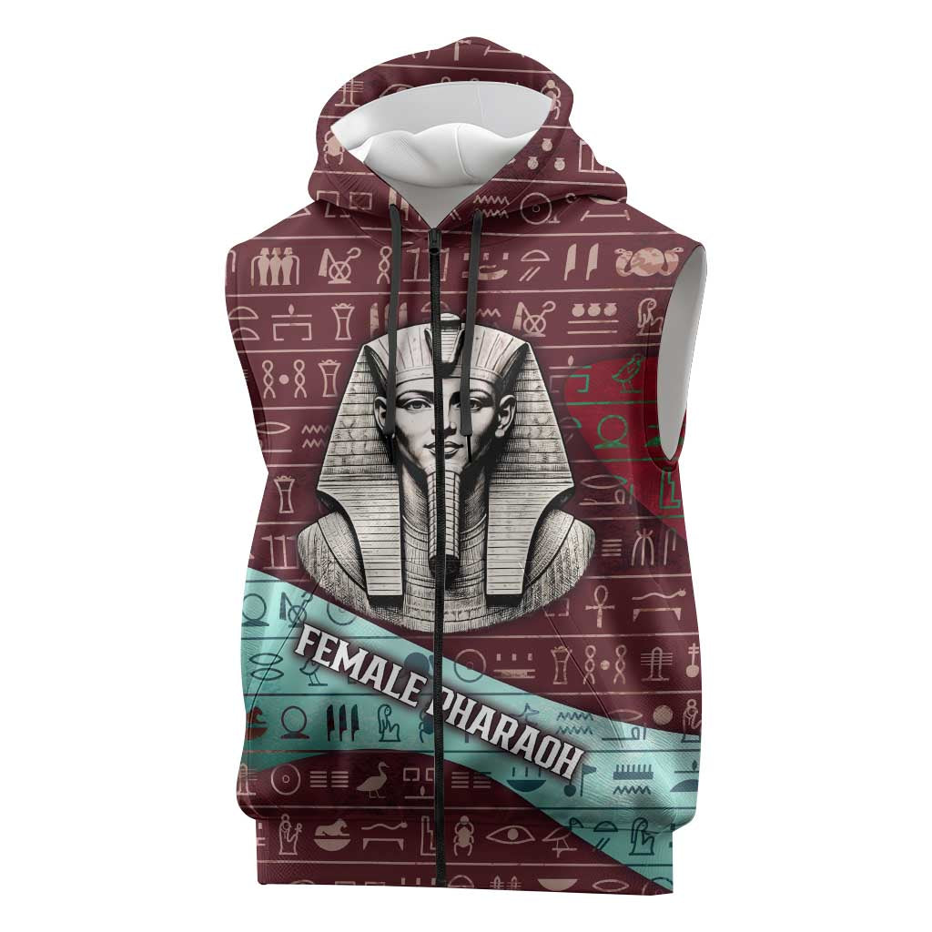 Hatshepsut Sleeveless Zip Hoodie with Pharaoh Bust Illustration, Female Pharaoh Title and Egyptian Hieroglyph - Wonder Print Shop
