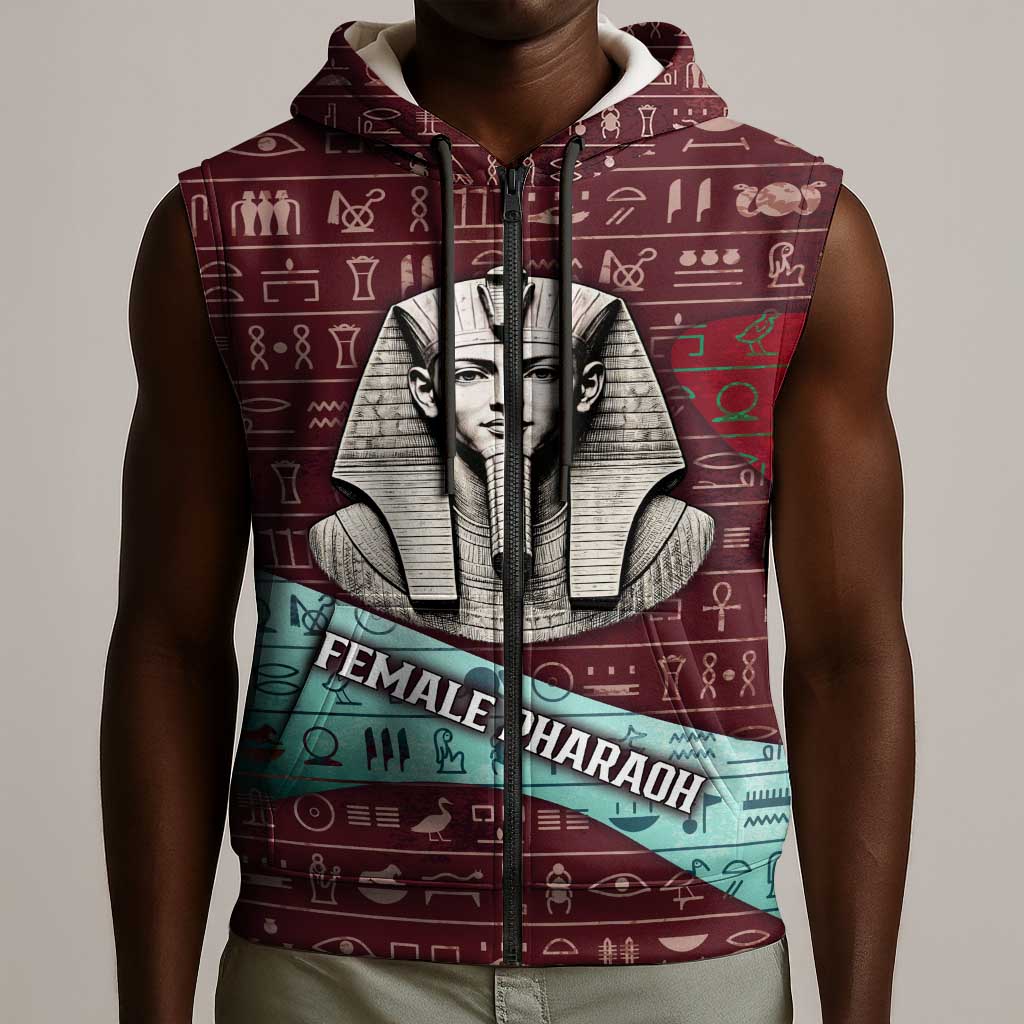 Hatshepsut Sleeveless Zip Hoodie with Pharaoh Bust Illustration, Female Pharaoh Title and Egyptian Hieroglyph - Wonder Print Shop