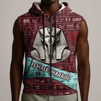 Hatshepsut Sleeveless Zip Hoodie with Pharaoh Bust Illustration, Female Pharaoh Title and Egyptian Hieroglyph - Wonder Print Shop