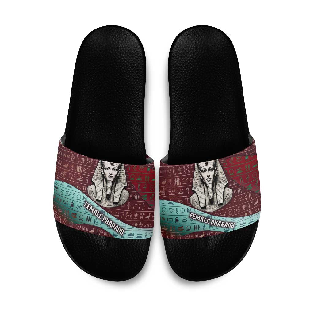 Hatshepsut Slide Sandals with Pharaoh Bust Illustration, Female Pharaoh Title and Egyptian Hieroglyph - Wonder Print Shop