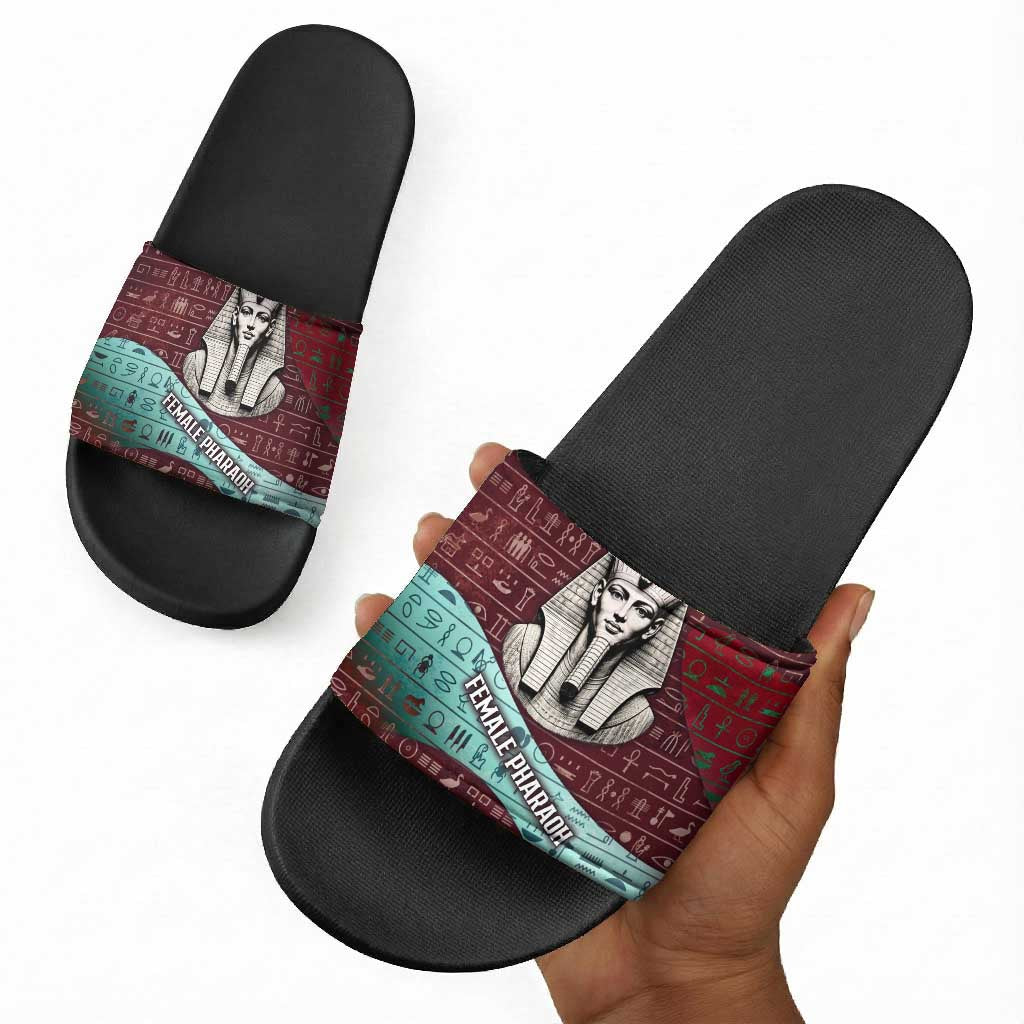 Hatshepsut Slide Sandals with Pharaoh Bust Illustration, Female Pharaoh Title and Egyptian Hieroglyph - Wonder Print Shop