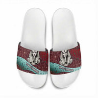 Hatshepsut Slide Sandals with Pharaoh Bust Illustration, Female Pharaoh Title and Egyptian Hieroglyph - Wonder Print Shop