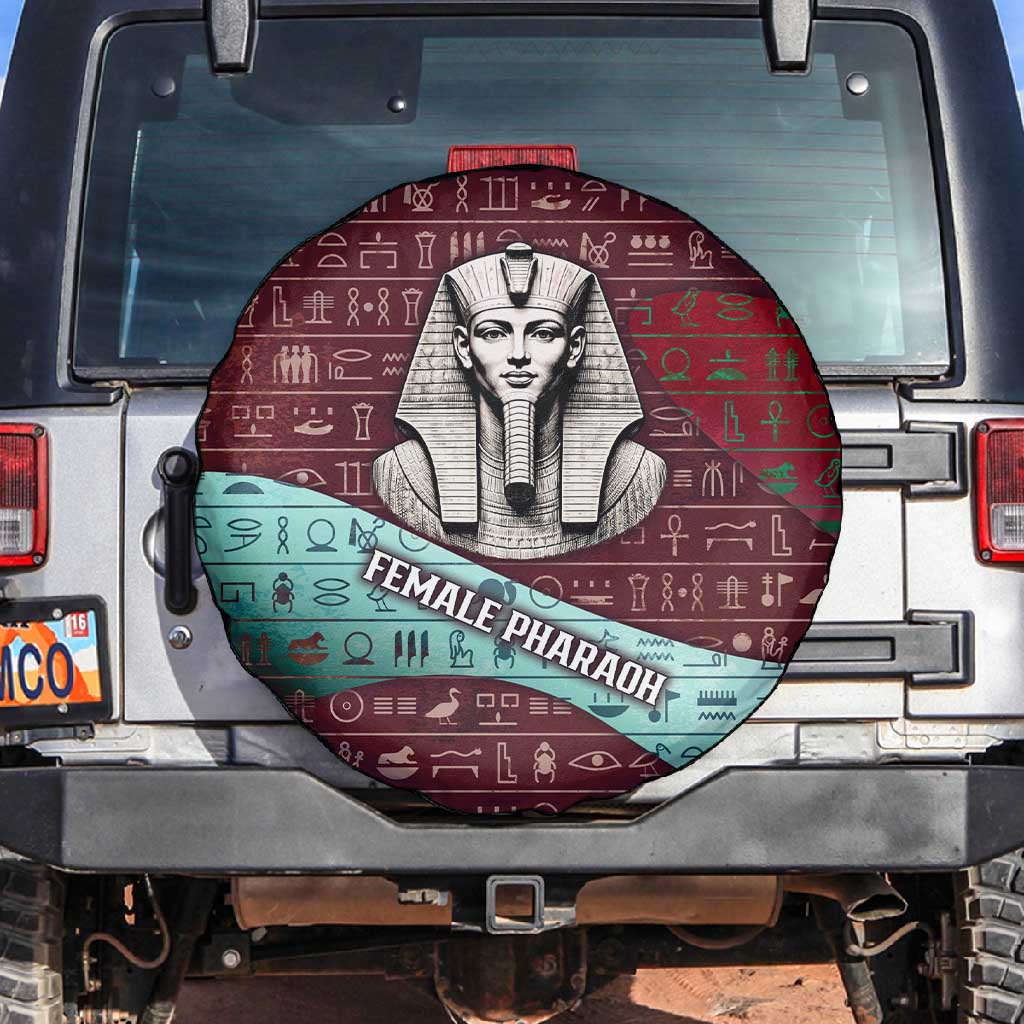 Hatshepsut Spare Tire Cover with Pharaoh Bust Illustration, Female Pharaoh Title and Egyptian Hieroglyph - Wonder Print Shop