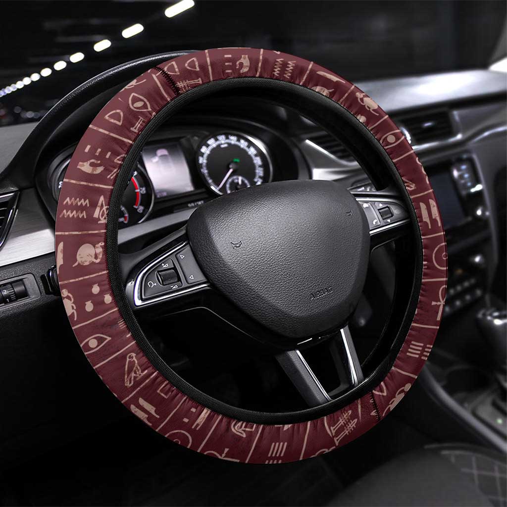 Hatshepsut Steering Wheel Cover with Pharaoh Bust Illustration, Female Pharaoh Title and Egyptian Hieroglyph - Wonder Print Shop