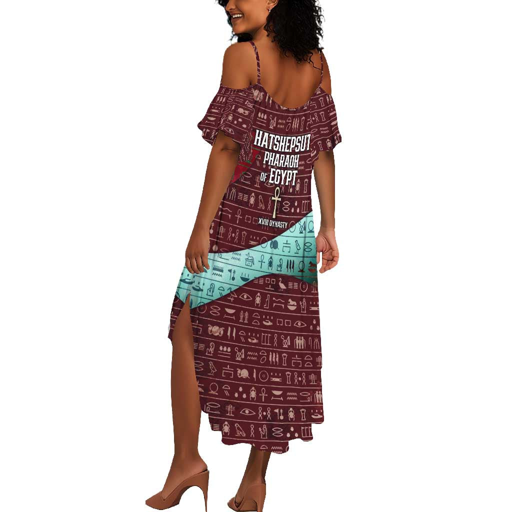 Hatshepsut Summer Maxi Dress with Pharaoh Bust Illustration, Female Pharaoh Title and Egyptian Hieroglyph - Wonder Print Shop