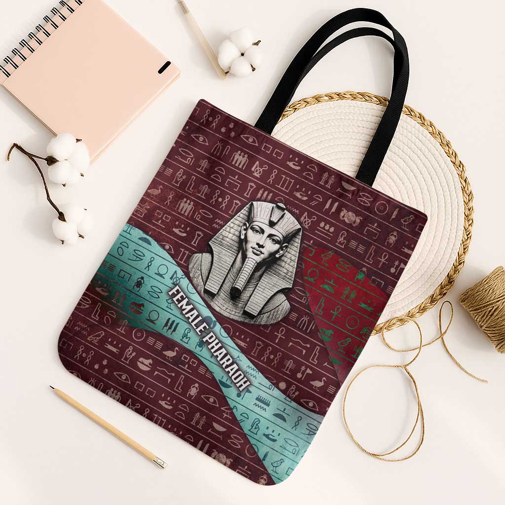 Hatshepsut Tote Bag with Pharaoh Bust Illustration, Female Pharaoh Title and Egyptian Hieroglyph - Wonder Print Shop