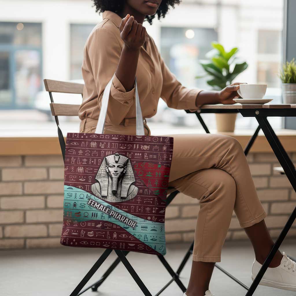 Hatshepsut Tote Bag with Pharaoh Bust Illustration, Female Pharaoh Title and Egyptian Hieroglyph - Wonder Print Shop