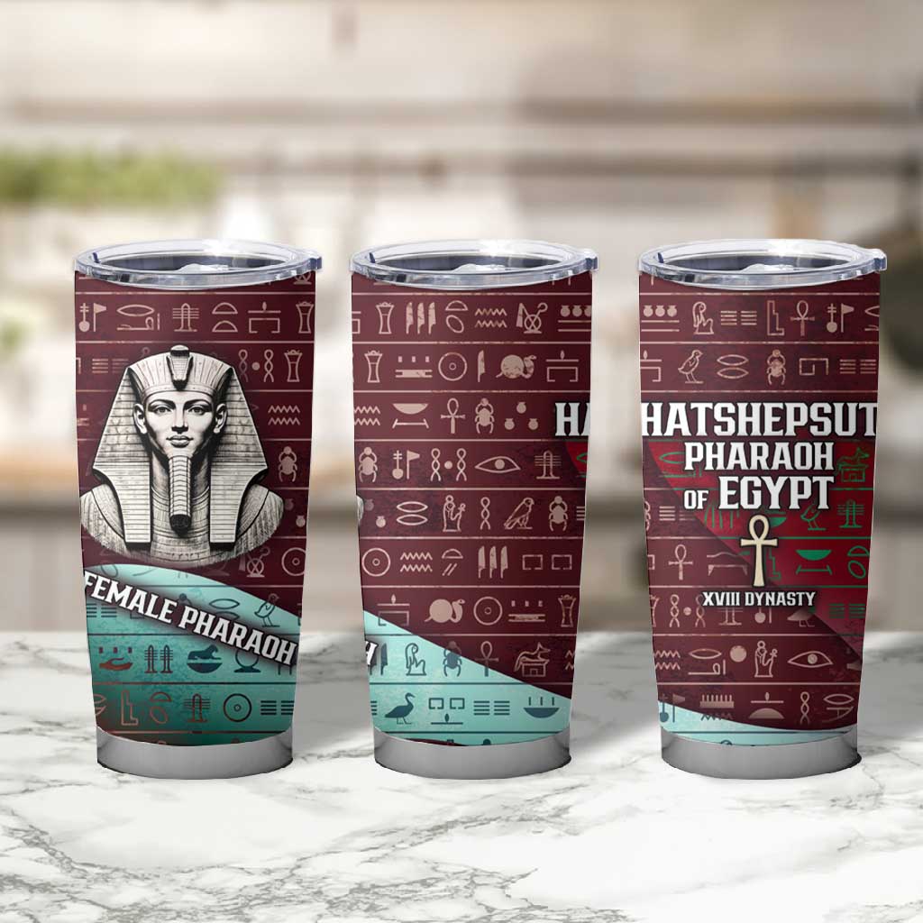 Hatshepsut Tumbler Cup with Pharaoh Bust Illustration, Female Pharaoh Title and Egyptian Hieroglyph - Wonder Print Shop