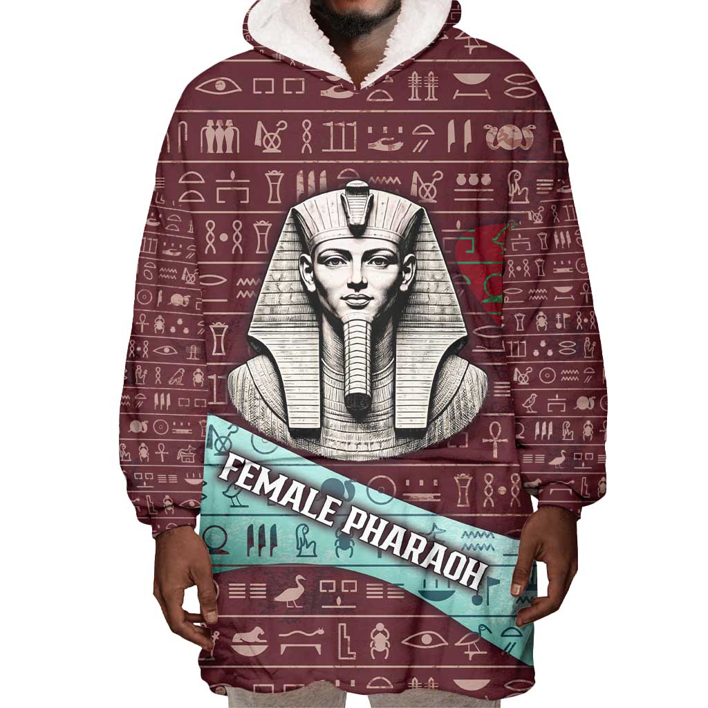 Hatshepsut Wearable Blanket Hoodie with Pharaoh Bust Illustration, Female Pharaoh Title and Egyptian Hieroglyph - Wonder Print Shop