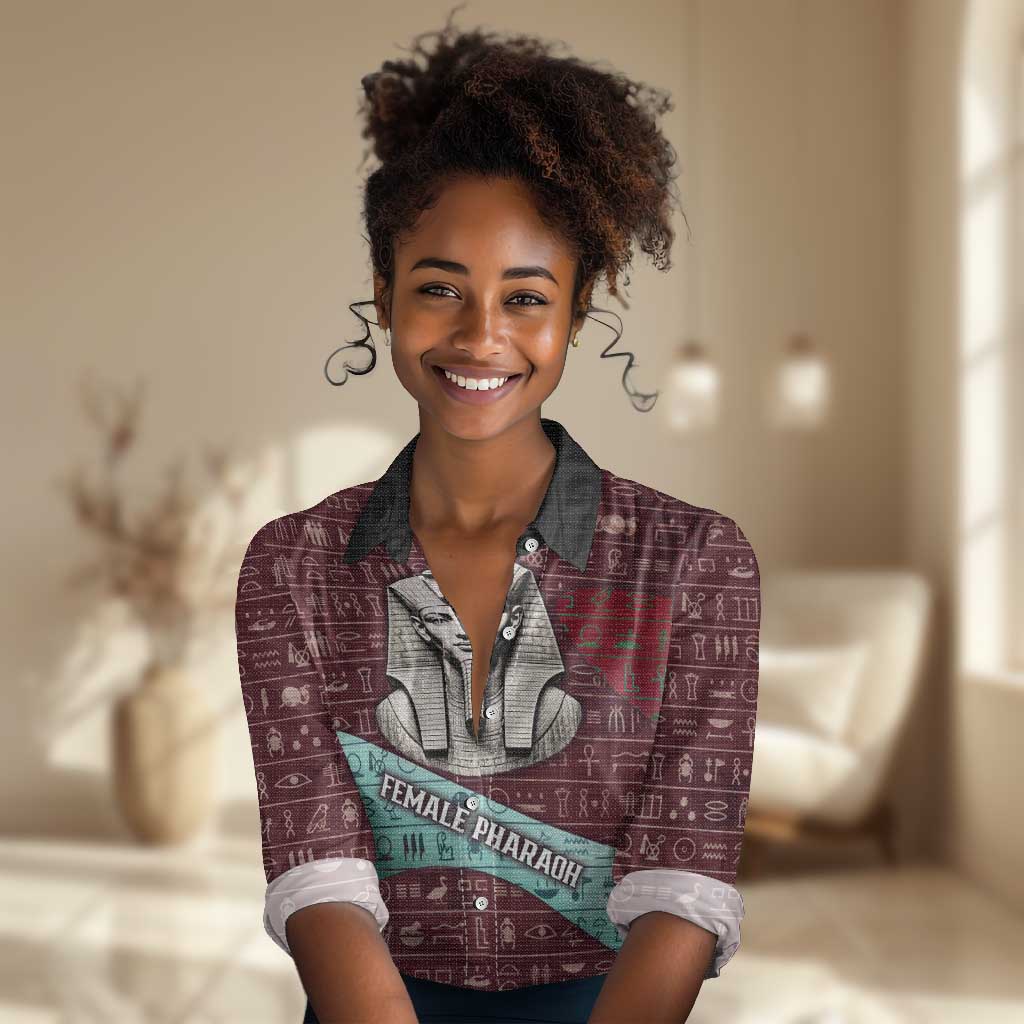 Hatshepsut Women Casual Shirt with Pharaoh Bust Illustration, Female Pharaoh Title and Egyptian Hieroglyph - Wonder Print Shop
