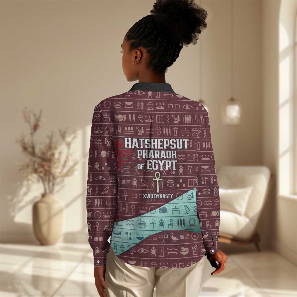 Hatshepsut Women Casual Shirt with Pharaoh Bust Illustration, Female Pharaoh Title and Egyptian Hieroglyph - Wonder Print Shop