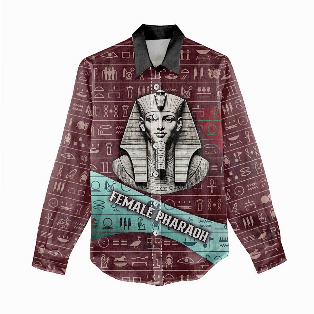 Hatshepsut Women Casual Shirt with Pharaoh Bust Illustration, Female Pharaoh Title and Egyptian Hieroglyph - Wonder Print Shop