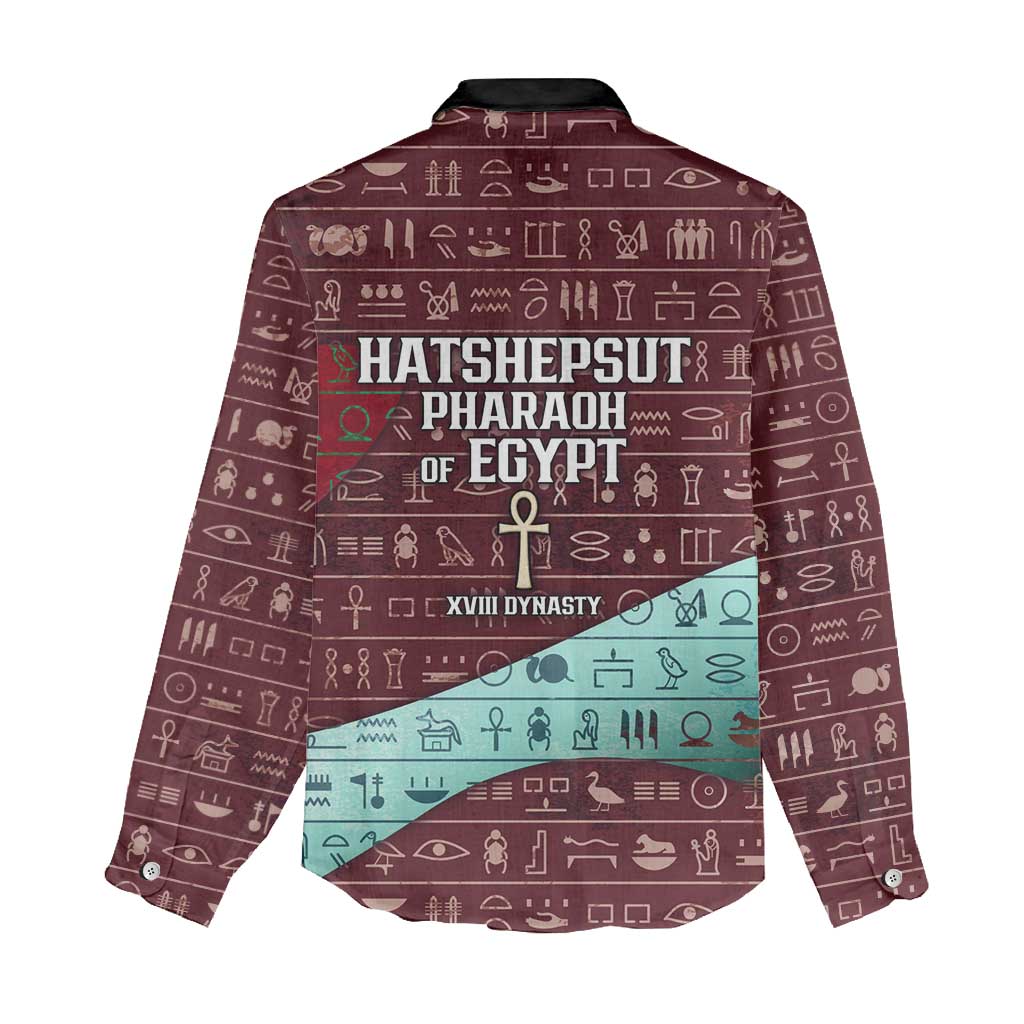 Hatshepsut Women Casual Shirt with Pharaoh Bust Illustration, Female Pharaoh Title and Egyptian Hieroglyph - Wonder Print Shop
