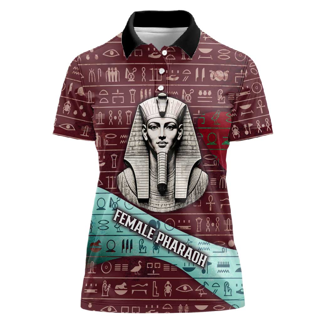 Hatshepsut Women Polo Shirt with Pharaoh Bust Illustration, Female Pharaoh Title and Egyptian Hieroglyph - Wonder Print Shop