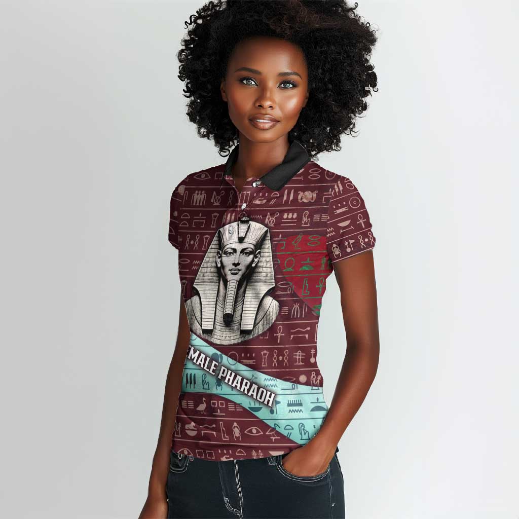 Hatshepsut Women Polo Shirt with Pharaoh Bust Illustration, Female Pharaoh Title and Egyptian Hieroglyph - Wonder Print Shop