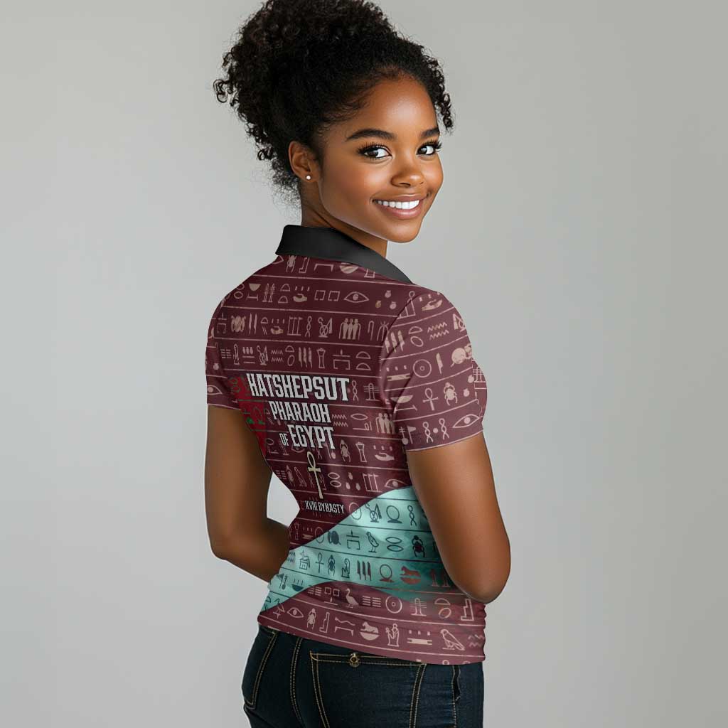 Hatshepsut Women Polo Shirt with Pharaoh Bust Illustration, Female Pharaoh Title and Egyptian Hieroglyph - Wonder Print Shop