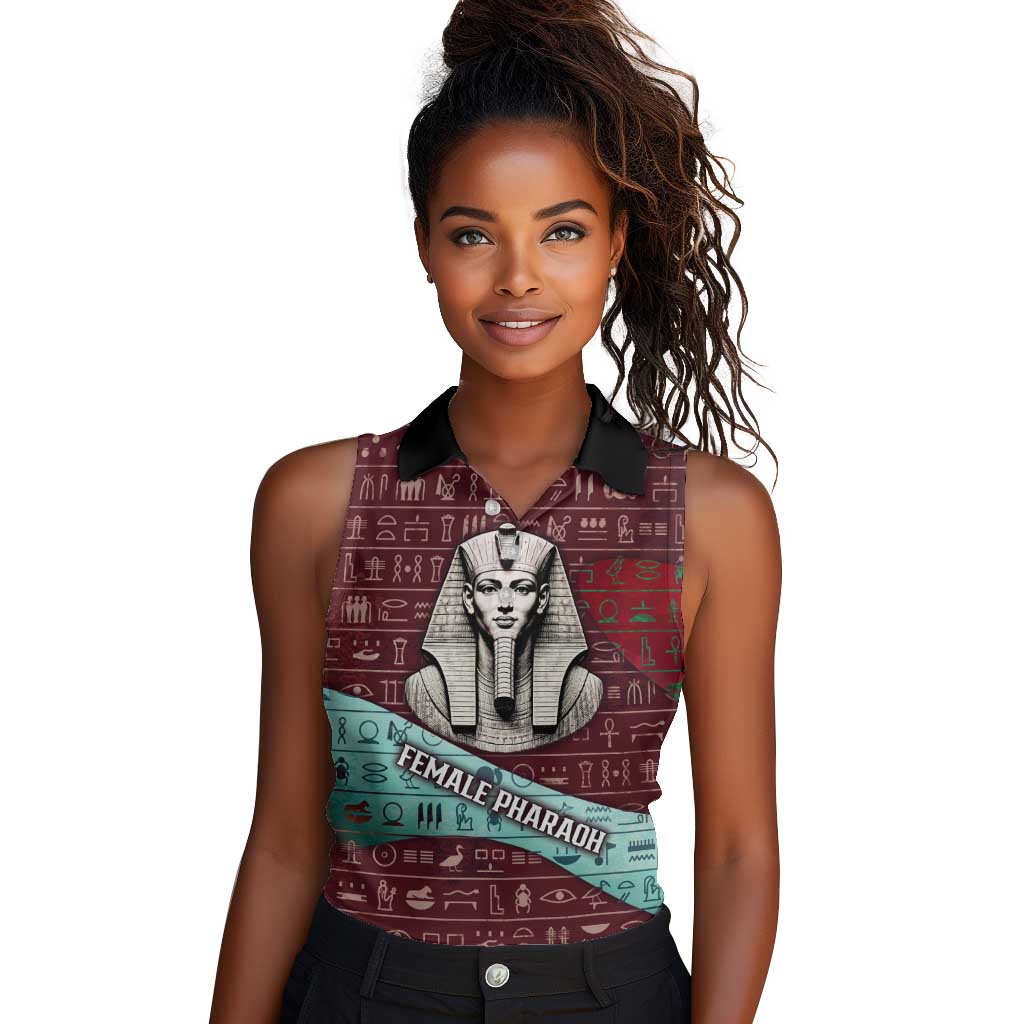 Hatshepsut Women Sleeveless Polo Shirt with Pharaoh Bust Illustration, Female Pharaoh Title and Egyptian Hieroglyph - Wonder Print Shop