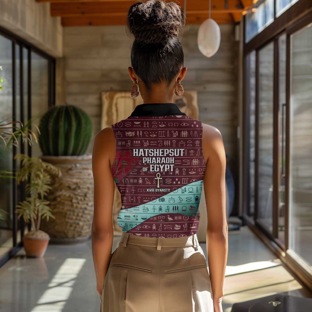 Hatshepsut Women Sleeveless Polo Shirt with Pharaoh Bust Illustration, Female Pharaoh Title and Egyptian Hieroglyph - Wonder Print Shop
